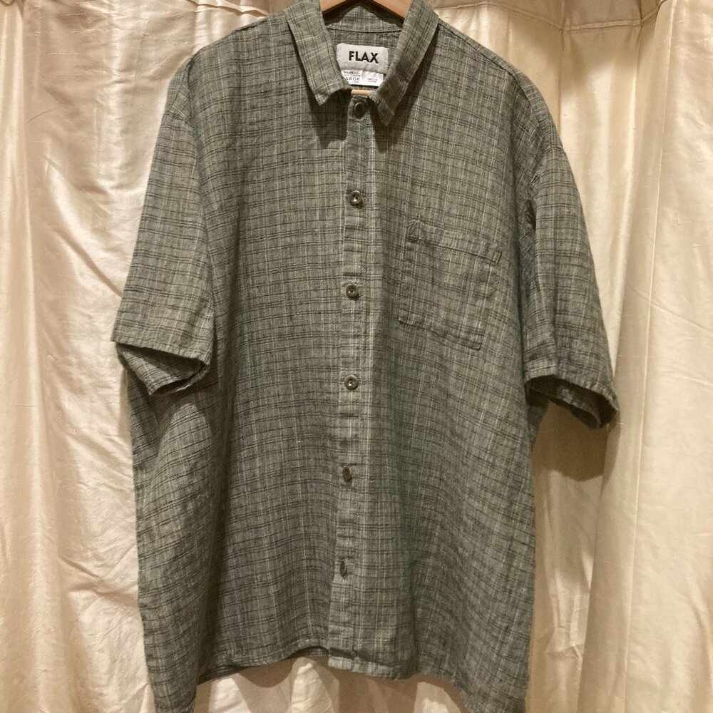 FLAX 100% Linen Green Weave Button Down Short Sleeved Top, Large